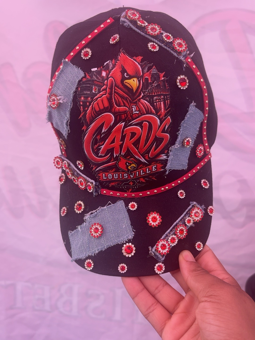 Cardinal Drip – Louisville Bling & Denim Trucker Hat
