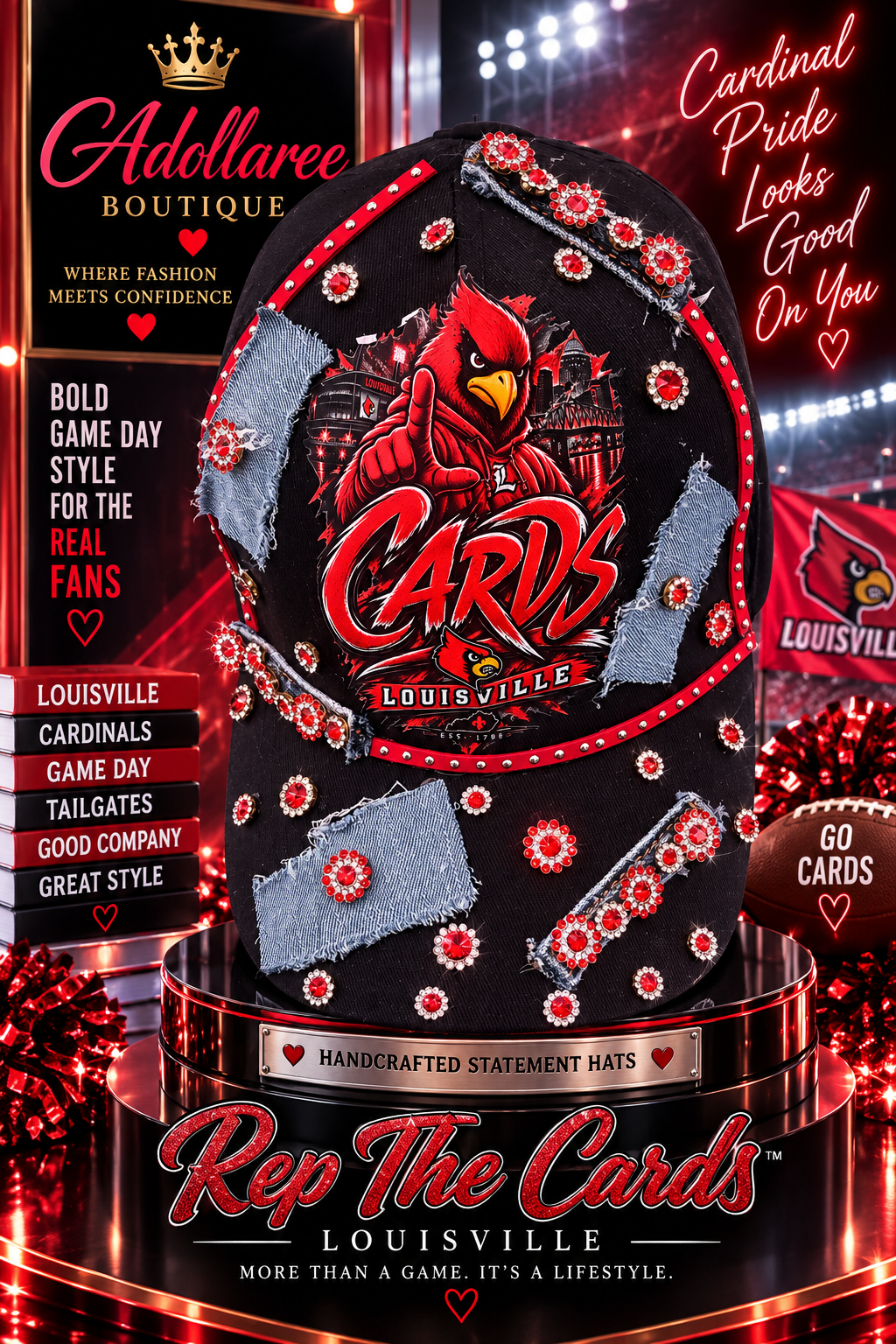 Cardinal Drip – Louisville Bling & Denim Trucker Hat