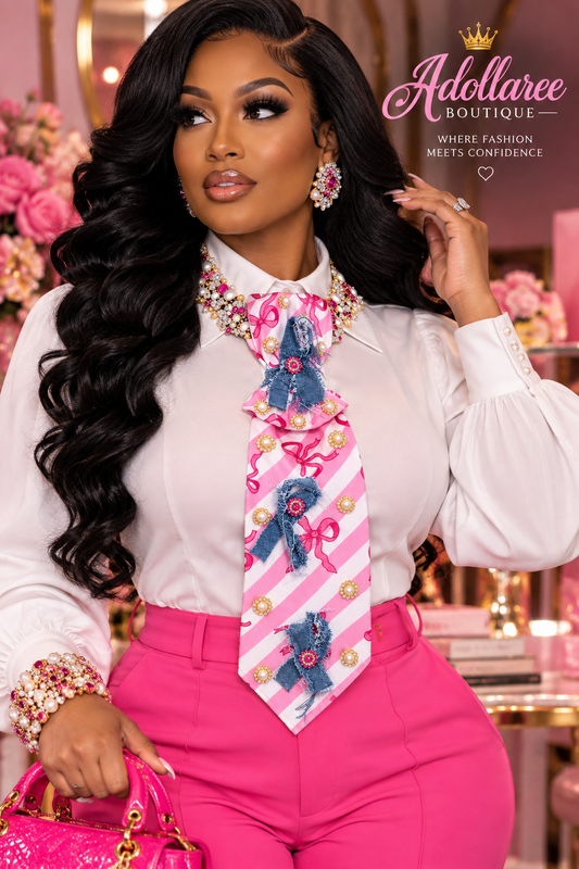 Pink Ribbon Denim Bow Glam Statement Tie