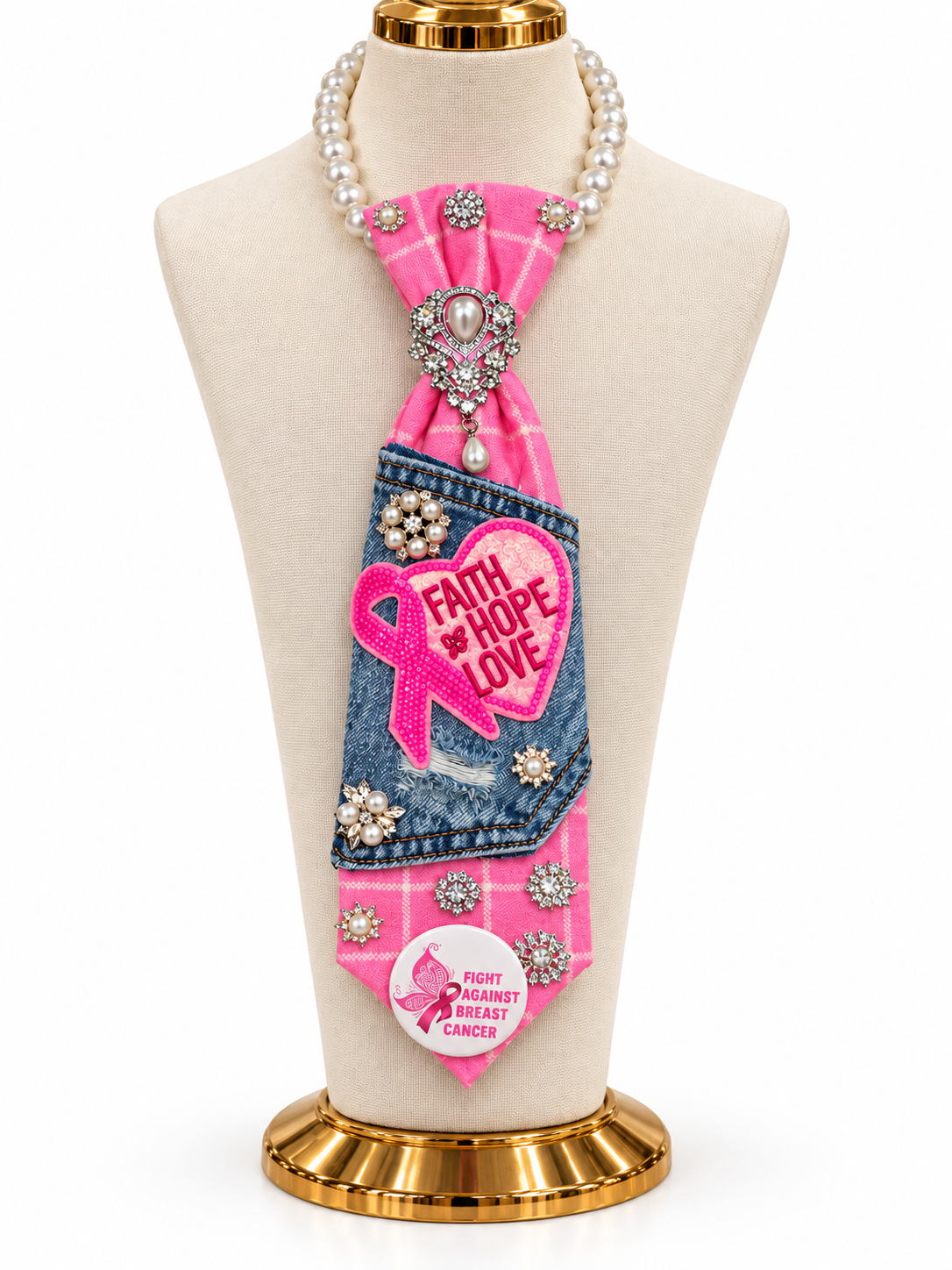 Hope in My Pocket — Pink Plaid & Denim Awareness Tie