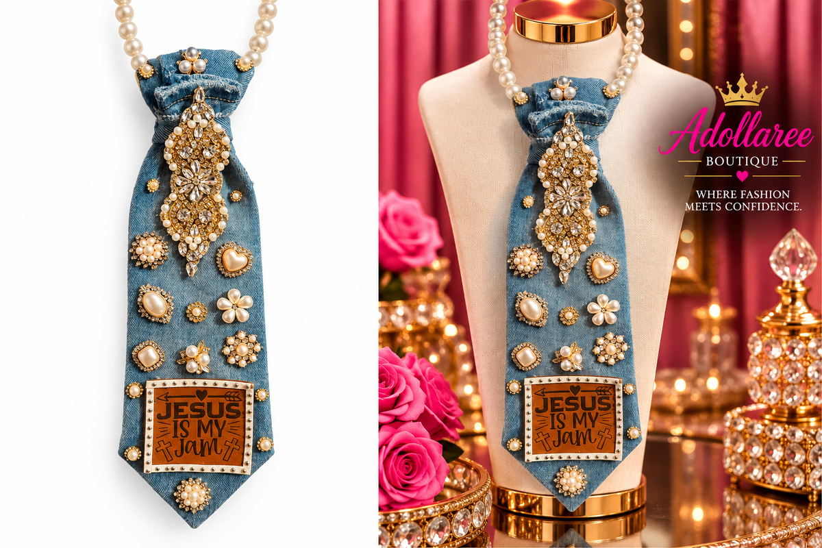 Jesus Is My Jam – Pearl & Crystal Embellished Denim Statement Tie