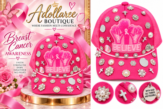 Believe in Pink – Faith, Hope & Strength Bling Trucker Hat