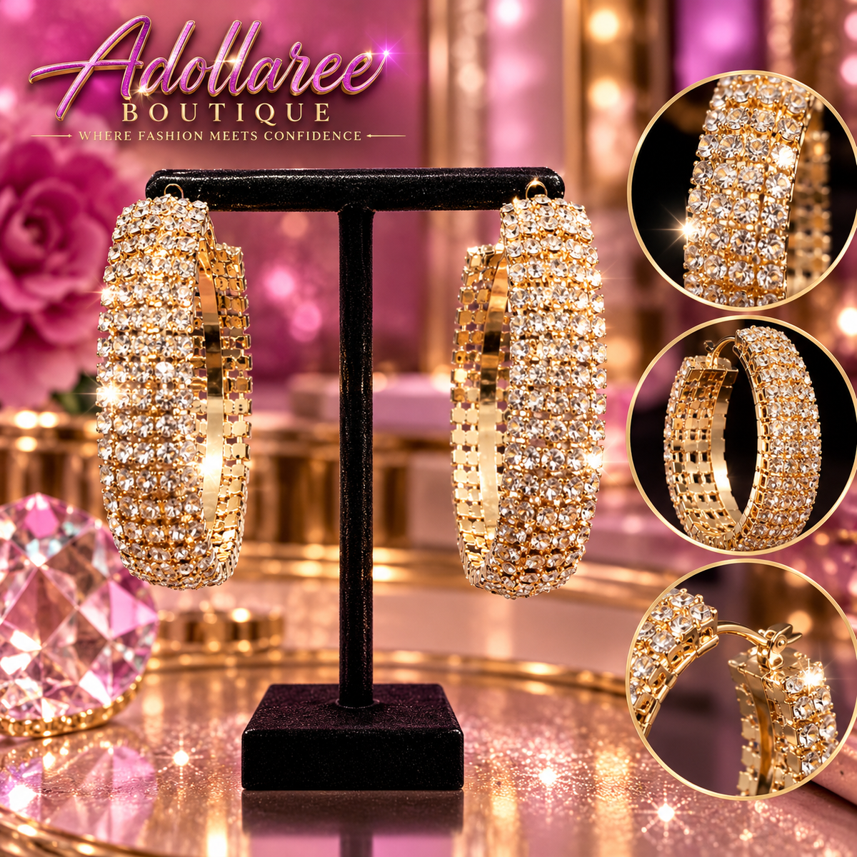 Golden Opulence Crystal Statement Hoop Earrings